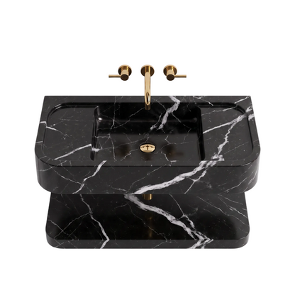 Camogli 30 inch Nero Marquina floating marble bathroom sink with lower marble shelf