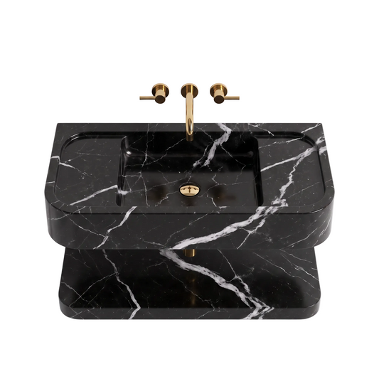 Camogli 30 inch Nero Marquina floating marble bathroom sink with lower marble shelf