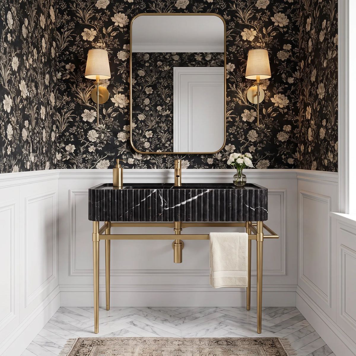 Cano 30 inch Nero Marquina marble bathroom vanity with sink and solid brass console legs in a luxury bathroom