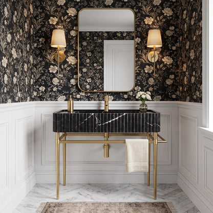 Cano 30 inch Nero Marquina marble bathroom vanity with sink and solid brass console legs in a luxury bathroom