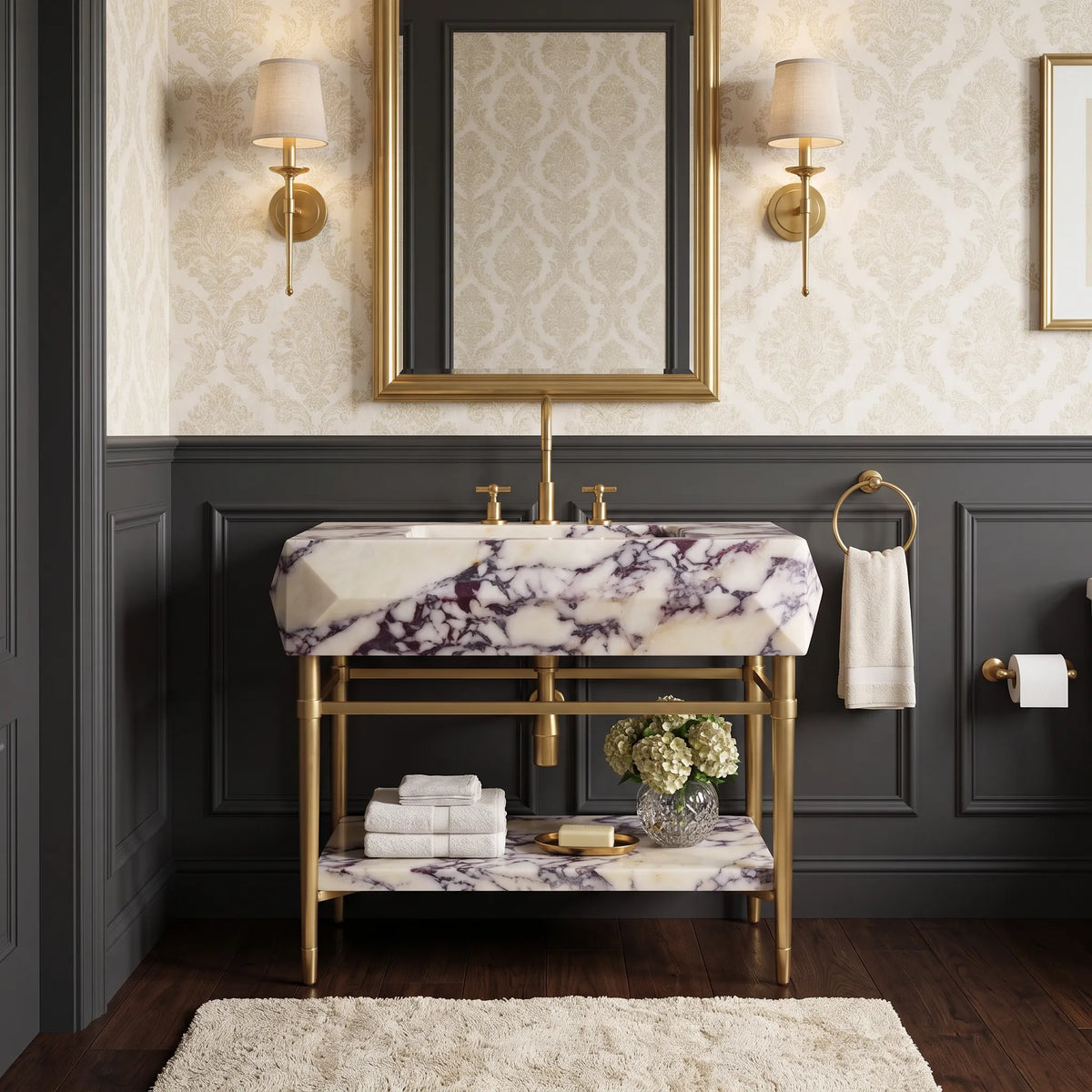 Capri 30 inch Calacatta Viola marble bathroom vanity with sink and solid brass console legs in a luxury bathroom
