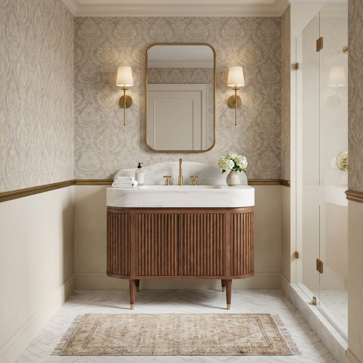 Custom Carrara White marble bathroom vanity with integrated sink, curved backsplash and fluted walnut cabinet