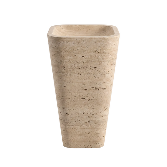 Cavero travertine pedestal sink with tapered freestanding natural stone design and integrated bathroom basin