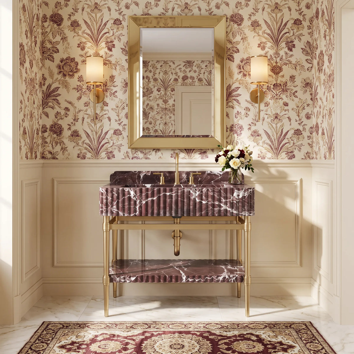 Celeste 30 inch Rosso Levanto marble bathroom vanity with sink and solid brass console legs in a luxury bathroom