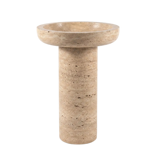 Cervane natural travertine pedestal bathroom sink with wide round basin and cylindrical freestanding base