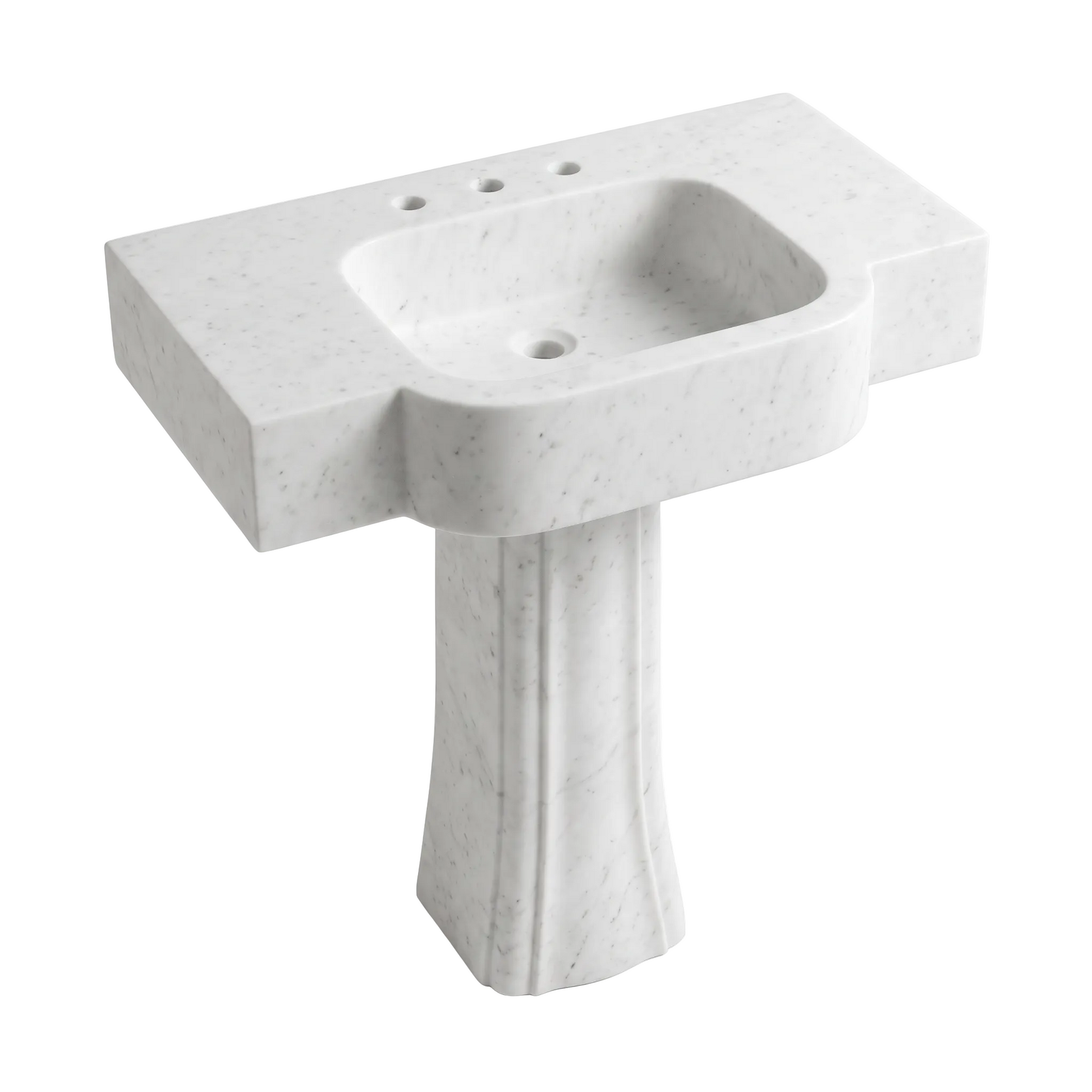 Cervaro custom Carrara White marble pedestal bathroom sink with integrated rectangular basin, curved front apron, sculpted pedestal and three faucet holes