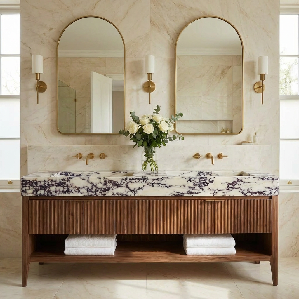 Double Marble Sink Vanity with Fluted Wood Cabinet | Made to order