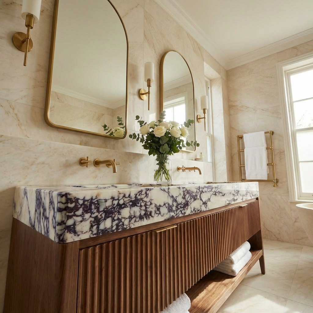 Double Marble Sink Vanity with Fluted Wood Cabinet | Made to order