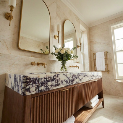 Double Marble Sink Vanity with Fluted Wood Cabinet | Made to order