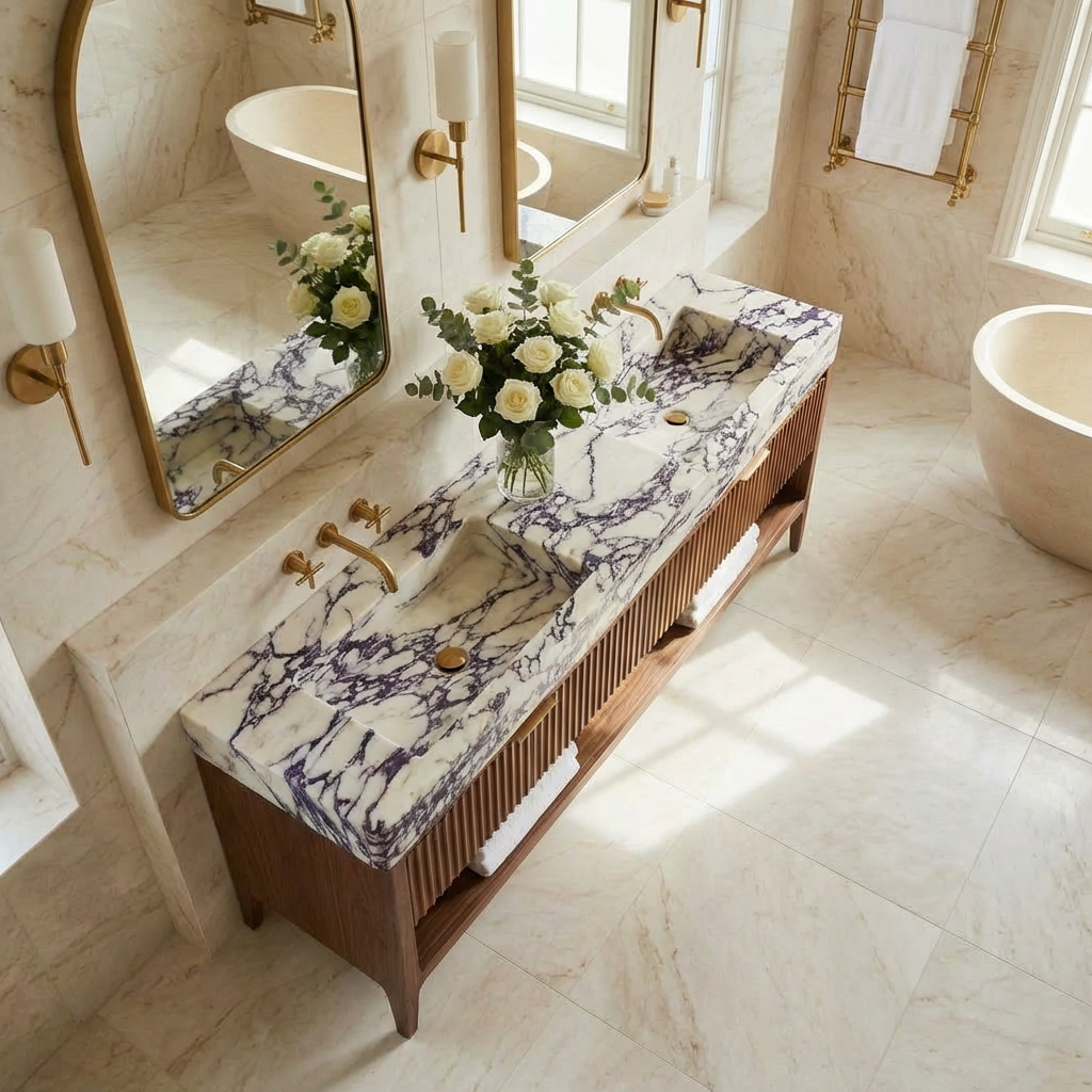 Double Marble Sink Vanity with Fluted Wood Cabinet | Made to order