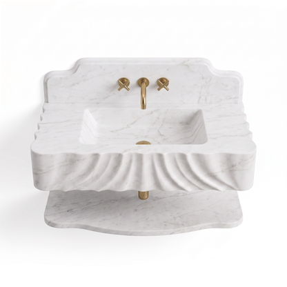 Colorado 30 inch Carrara White floating marble bathroom sink with matching backsplash and lower marble shelf