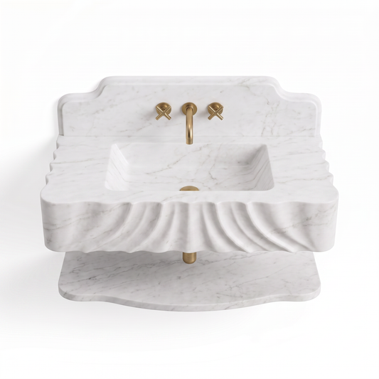 Colorado 30 inch Carrara White floating marble bathroom sink with matching backsplash and lower marble shelf