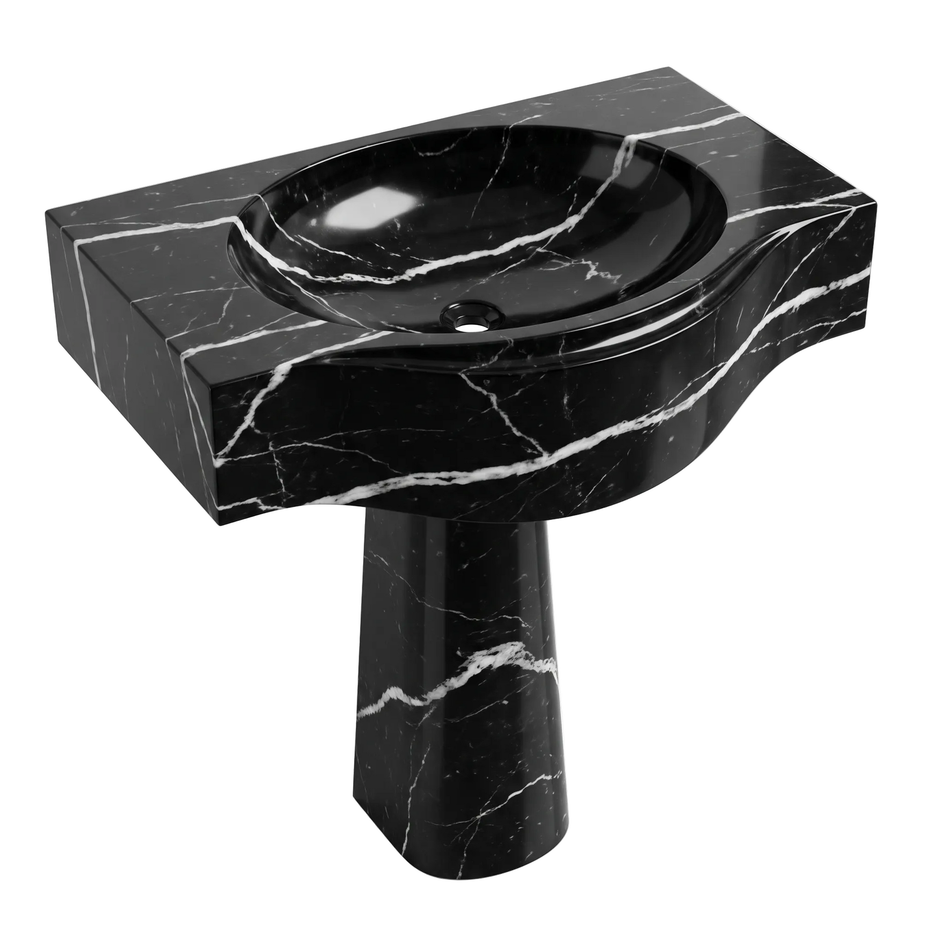 Como custom Nero Marquina marble pedestal bathroom sink with integrated carved basin, curved sculptural front, solid pedestal base and polished black marble with natural white veining