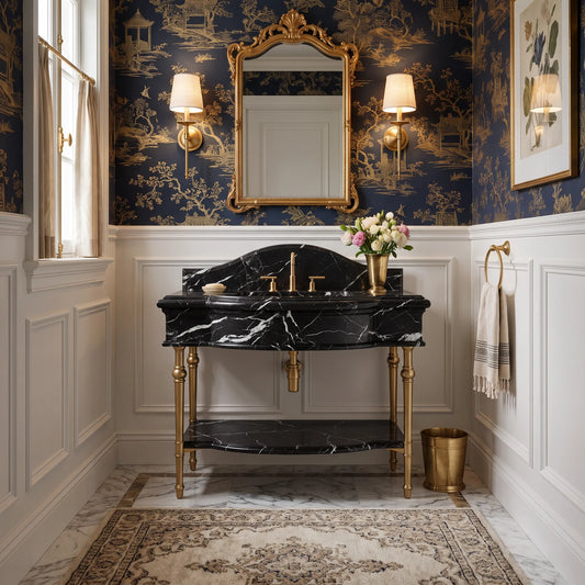 Como 30 inch Nero Marquina marble bathroom vanity with sink and solid brass console legs in a luxury bathroom