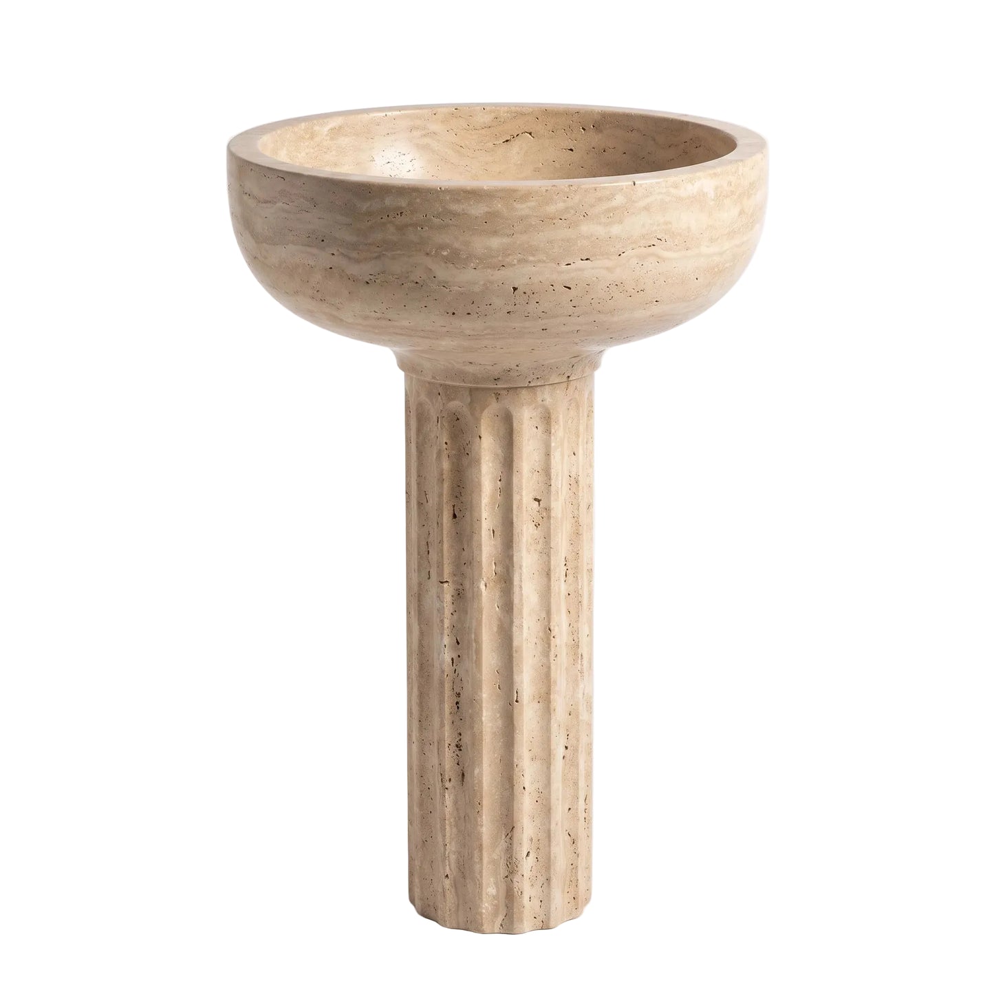 Corvenza natural travertine pedestal bathroom sink with wide round basin and fluted sculptural column base