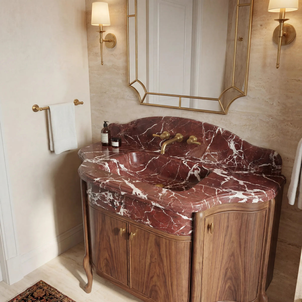 Custom Rosso Levanto marble bathroom vanity with integrated sink, backsplash and walnut cabinet
