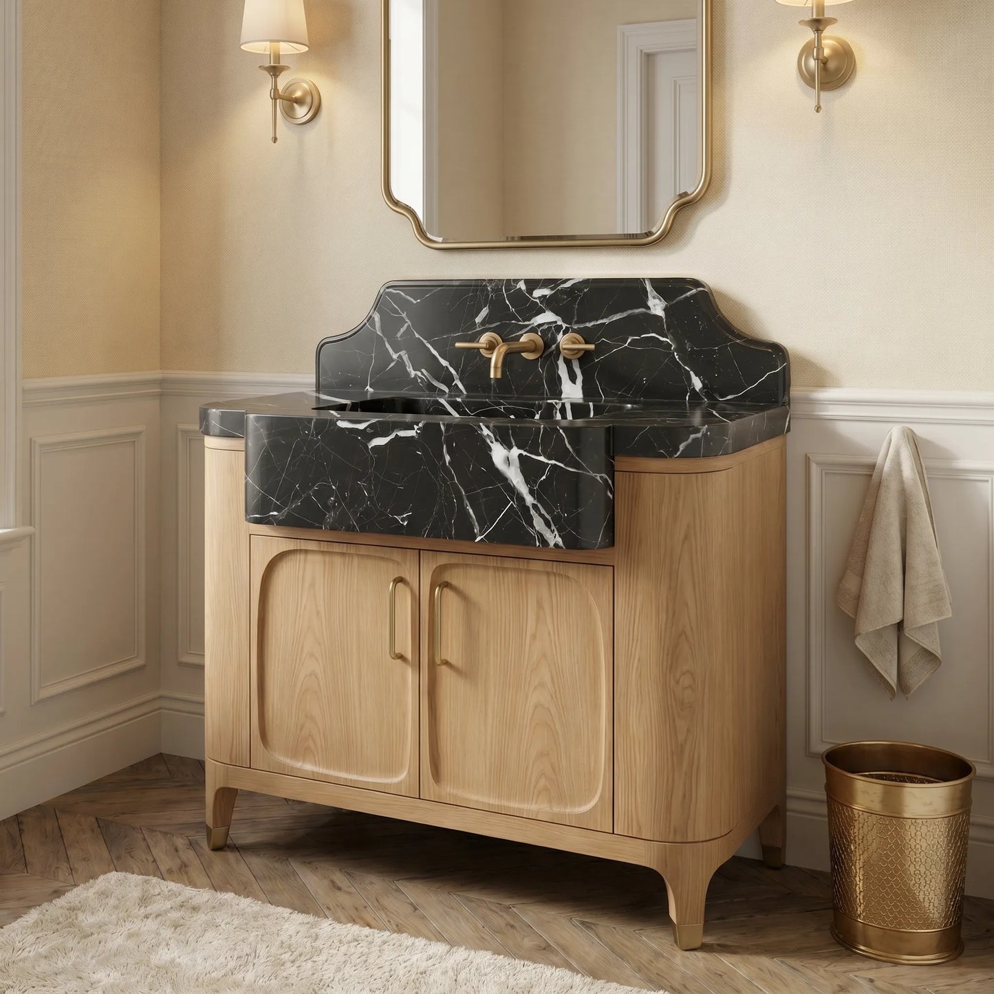 Custom black Nero Marquina marble bathroom vanity with integrated sink, marble backsplash and handcrafted oak cabinet