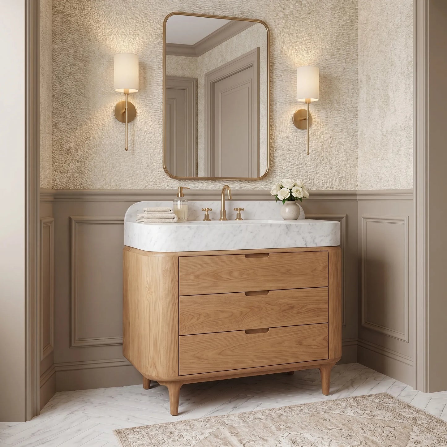 Custom Carrara marble bathroom vanity with sink carved from a single solid block and handcrafted oak cabinet