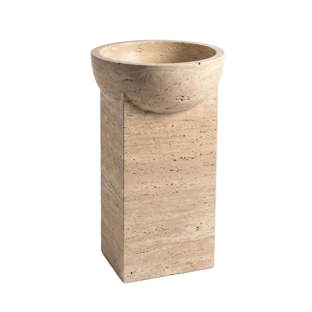 Dovren natural travertine pedestal bathroom sink with sculptural round basin and rectangular stone base