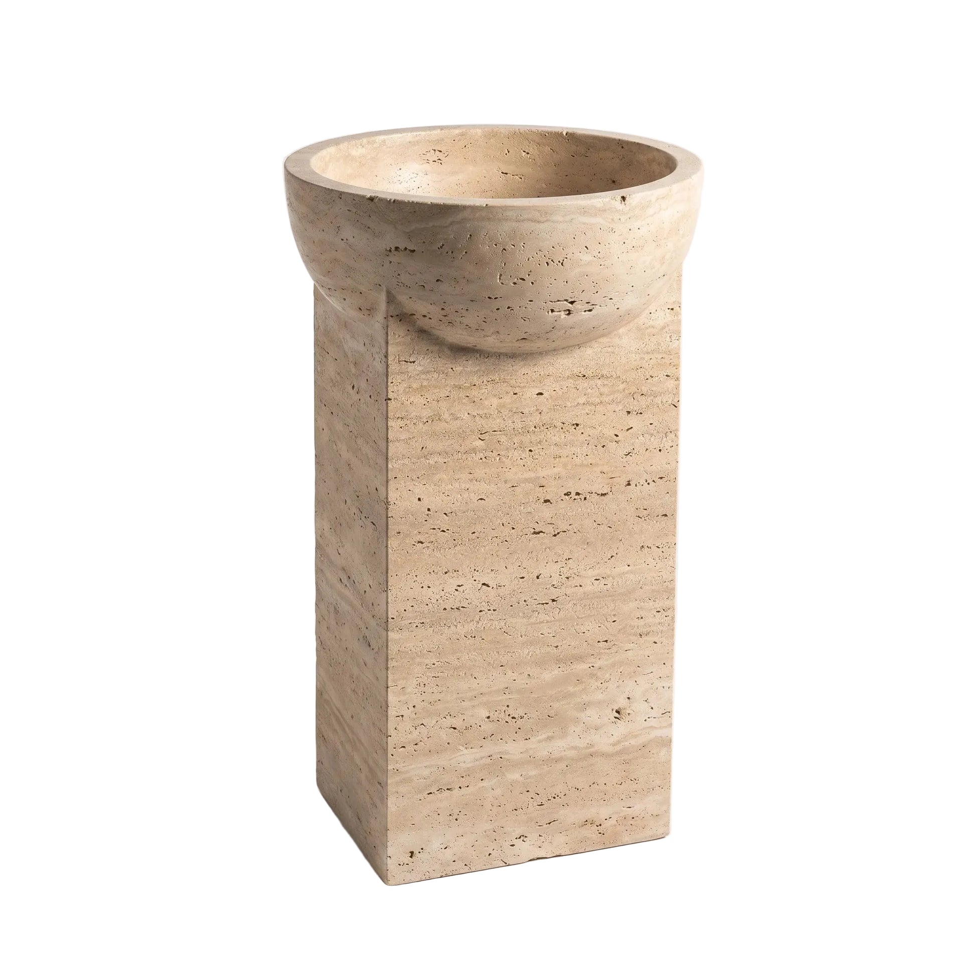 Dovren natural travertine pedestal bathroom sink with sculptural round basin and rectangular stone base