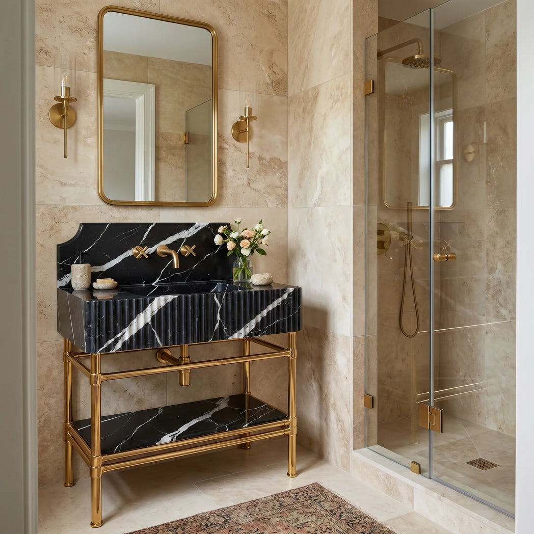 30" Nero Marquie Marble Sink With Brass Console Legs