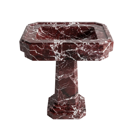 Eldermere Rosso Levanto marble pedestal bathroom sink with rectangular carved basin, architectural stepped details and sculptural column base