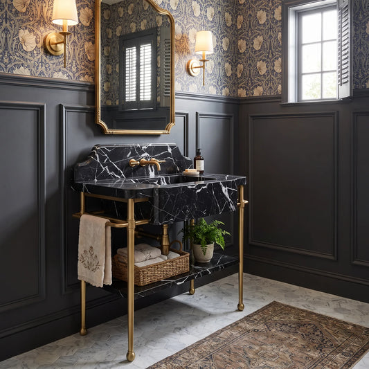 Element 30 inch Nero Marquina marble bathroom vanity with sink and solid brass console legs in a luxury bathroom