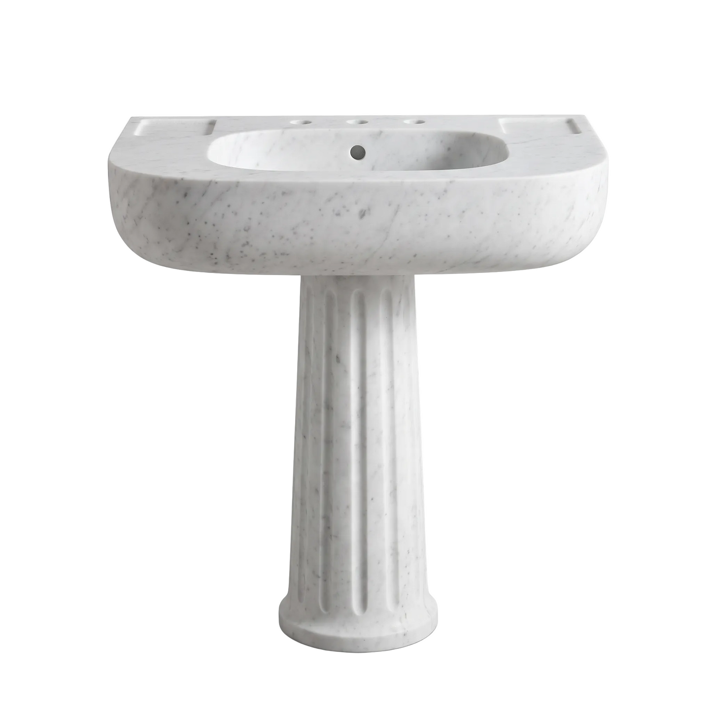 Elvarra custom Carrara White marble fluted pedestal bathroom sink with integrated oval basin, rounded front apron and carved side accessory trays