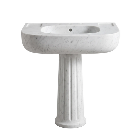 Elvarra custom Carrara White marble fluted pedestal bathroom sink with integrated oval basin, rounded front apron and carved side accessory trays