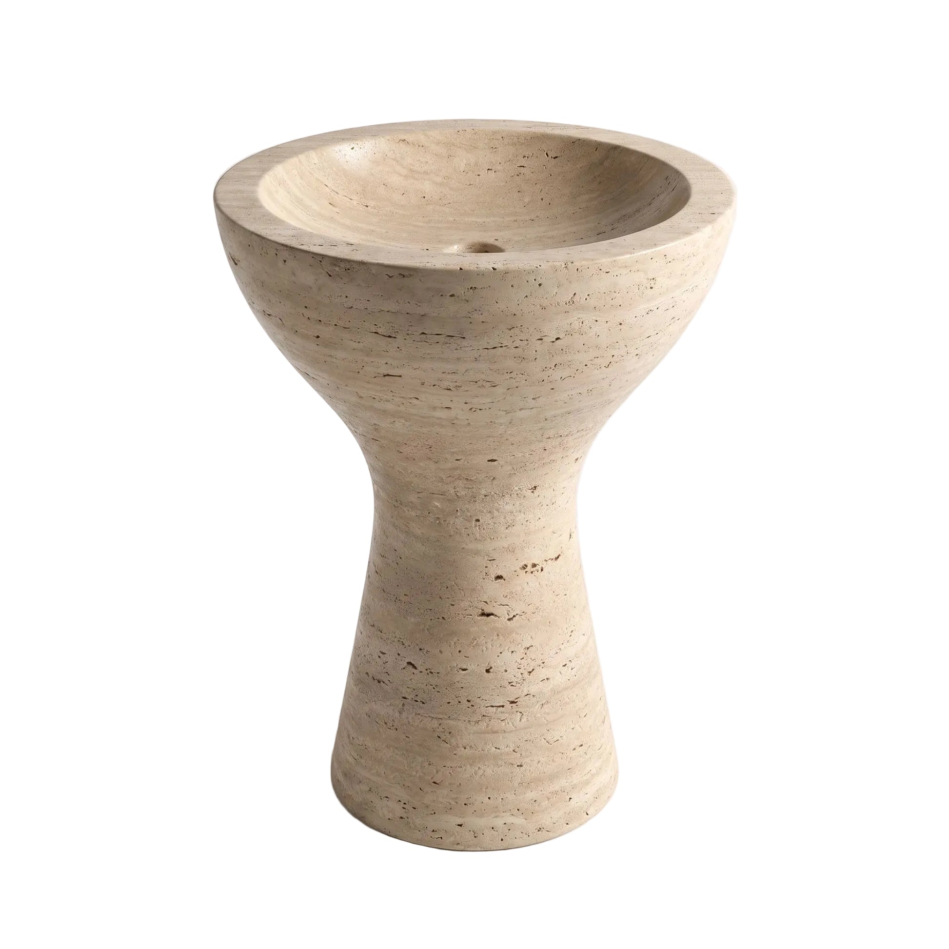 Elvarra sculptural travertine marble pedestal bathroom sink with rounded basin and curved hourglass base