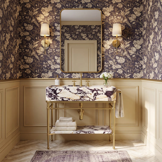 Evora 30 inch Calacatta Viola marble bathroom vanity with sink and solid brass console legs in a luxury bathroom
