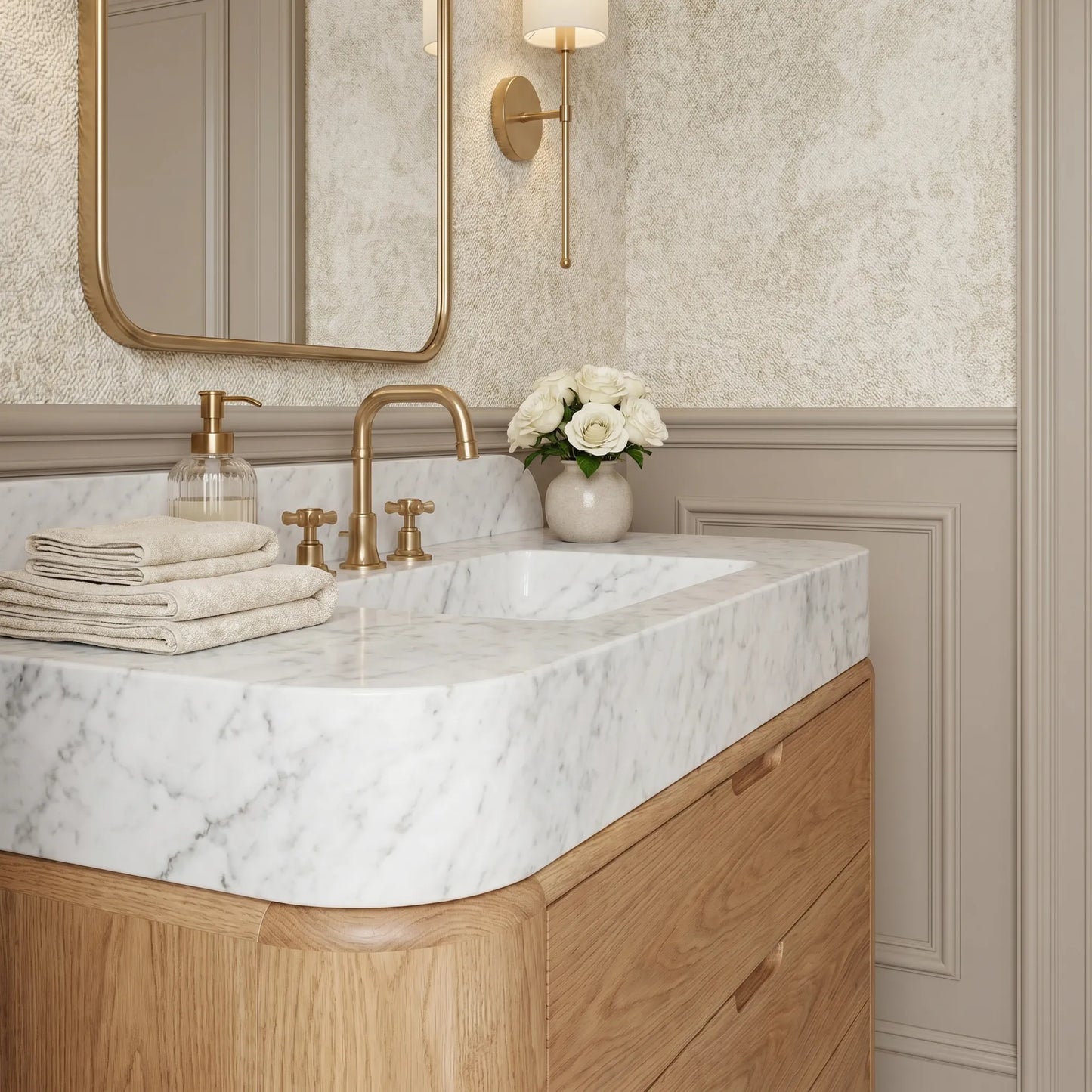 Custom Carrara White marble bathroom sink vanity with handcrafted natural oak cabinet and marble backsplash