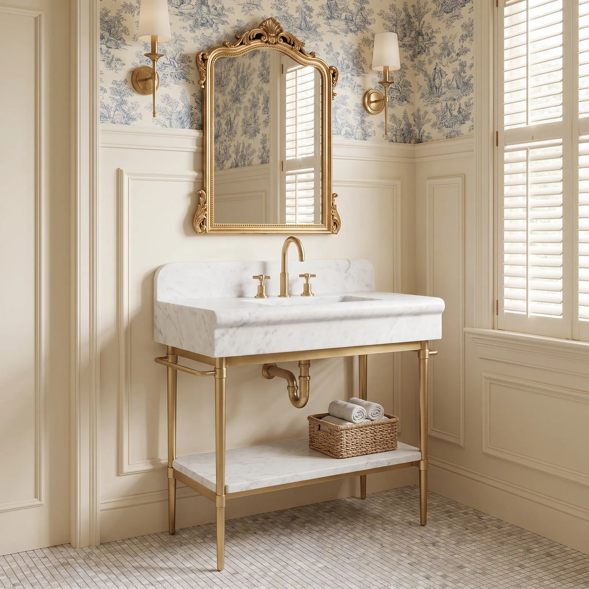 Firenze 30 inch Carrara White marble bathroom vanity sink with solid brass console legs and marble shelf in a luxury bathroom