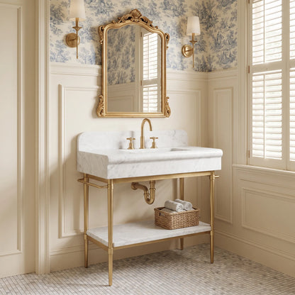 Firenze 30 inch Carrara White marble bathroom vanity sink with solid brass console legs and marble shelf in a luxury bathroom