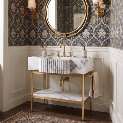 Forma 30 inch Lilac marble bathroom vanity with sink and solid brass console legs in a luxury bathroom