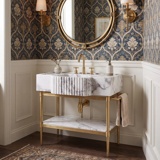 Forma 30 inch Lilac marble bathroom vanity with sink and solid brass console legs in a luxury bathroom