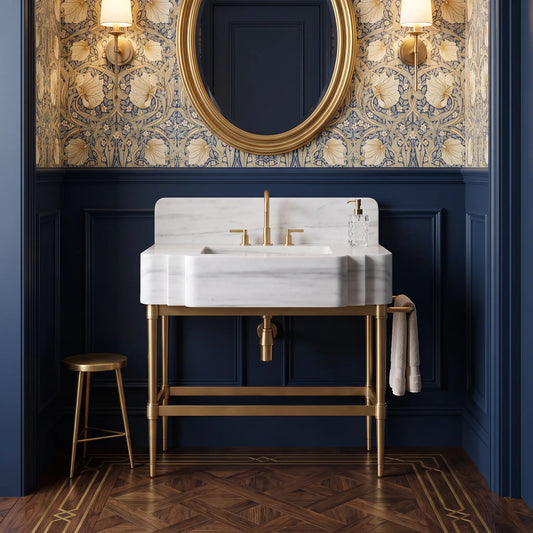 Heritage 30 inch Carrara White marble bathroom vanity with sink and brass console legs in a luxury bathroom