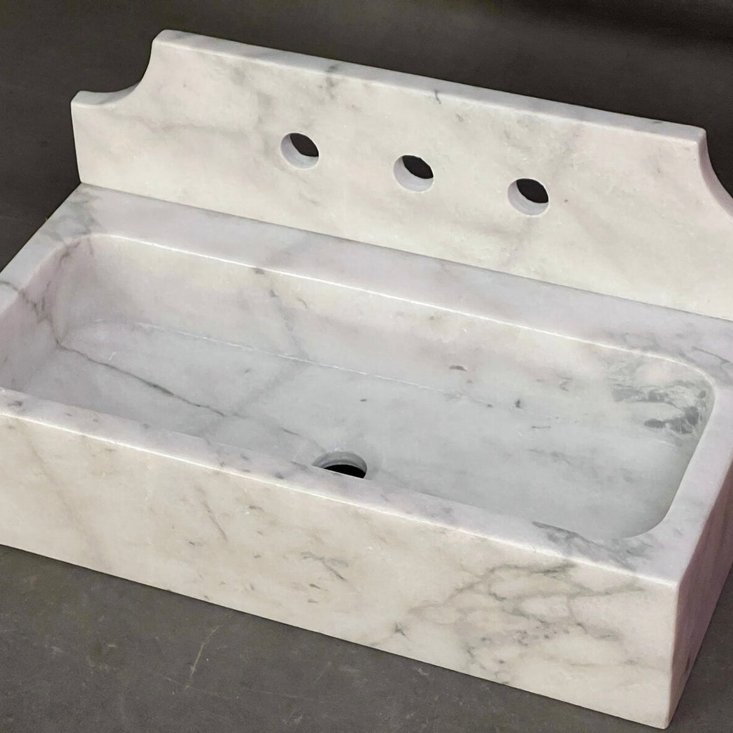 24" Cararra White Fluted Marble Sink with backsplash  – Wall Mounted Floating Vanity – Luxury Bathroom Sink Handmade