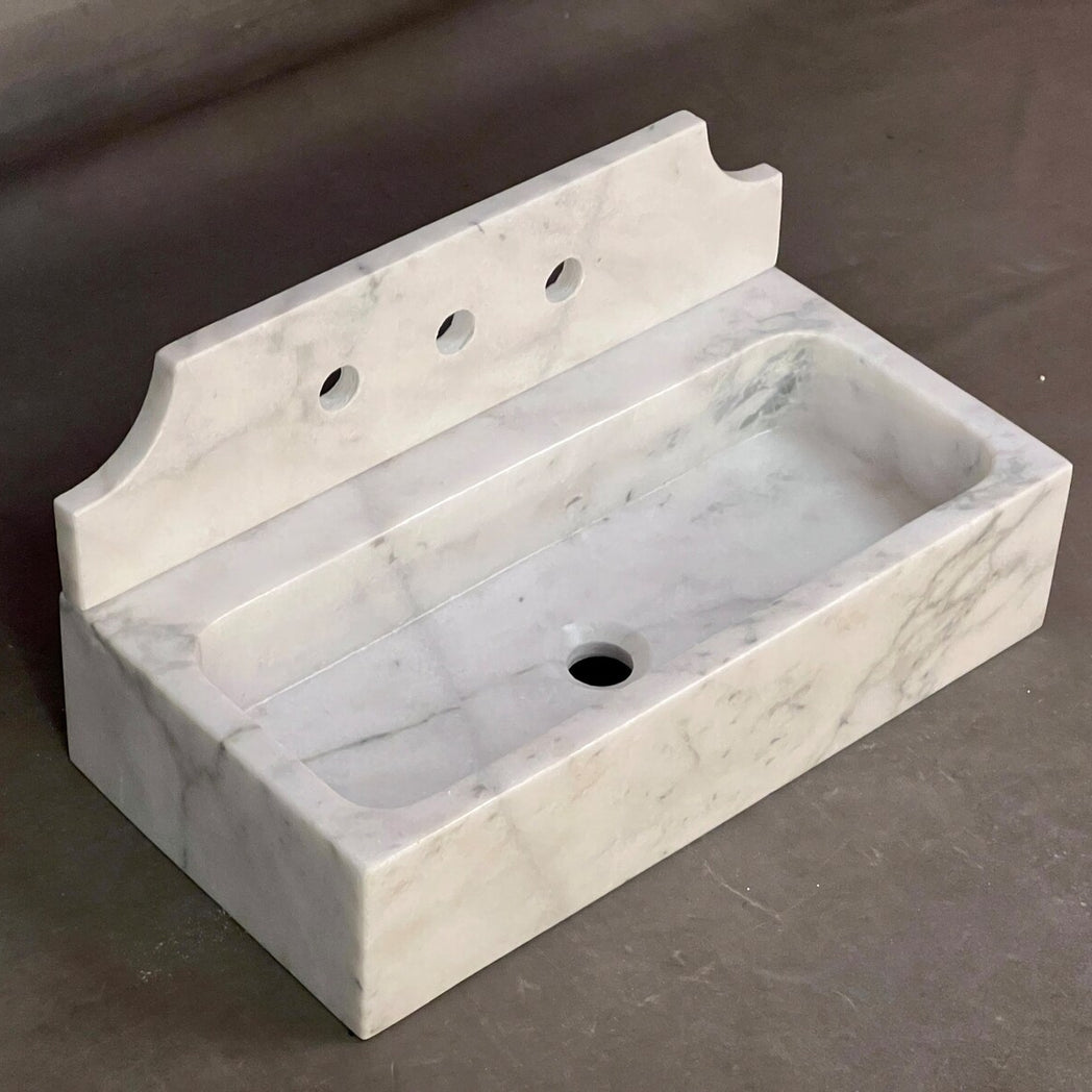 24" Cararra White Fluted Marble Sink with backsplash  – Wall Mounted Floating Vanity – Luxury Bathroom Sink Handmade