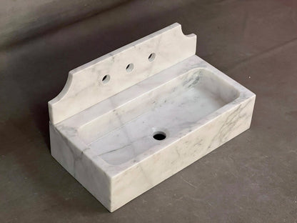 24" Cararra White Fluted Marble Sink with backsplash  – Wall Mounted Floating Vanity – Luxury Bathroom Sink Handmade