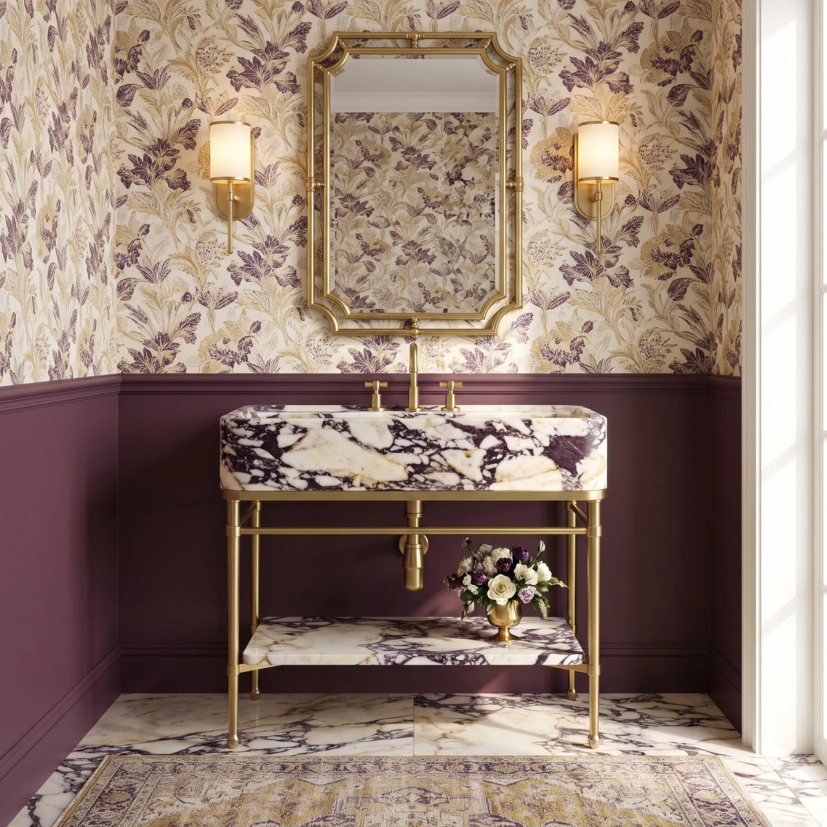 Isola 30 inch Calacatta Viola marble bathroom vanity with sink and solid brass console legs in a luxury bathroom