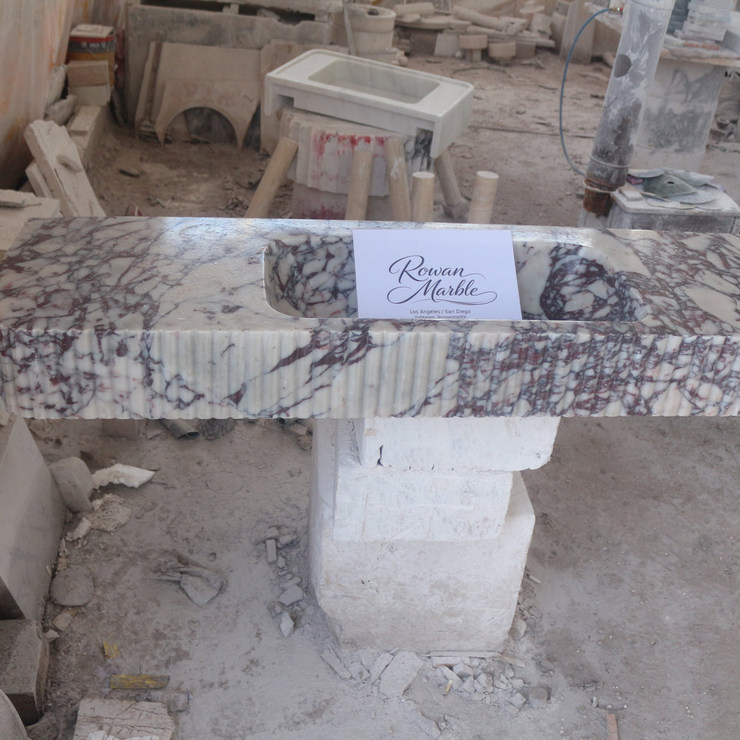 Large Calacatta Red Fluted Marble Sink 60’’ – Wall Mounted Floating Vanity – Luxury Bathroom Sink Handmade