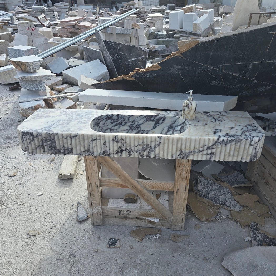 Large Calacatta Viola Fluted Marble Sink 60’’ – Wall Mounted Floating Vanity – Luxury Bathroom Sink Handmade