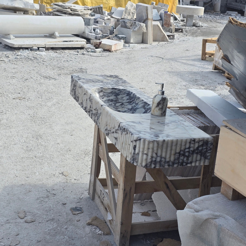 Large Calacatta Viola Fluted Marble Sink 60’’ – Wall Mounted Floating Vanity – Luxury Bathroom Sink Handmade