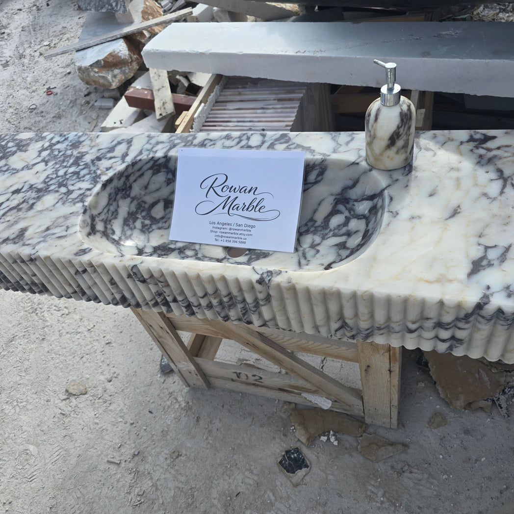 Large Calacatta Viola Fluted Marble Sink 60’’ – Wall Mounted Floating Vanity – Luxury Bathroom Sink Handmade