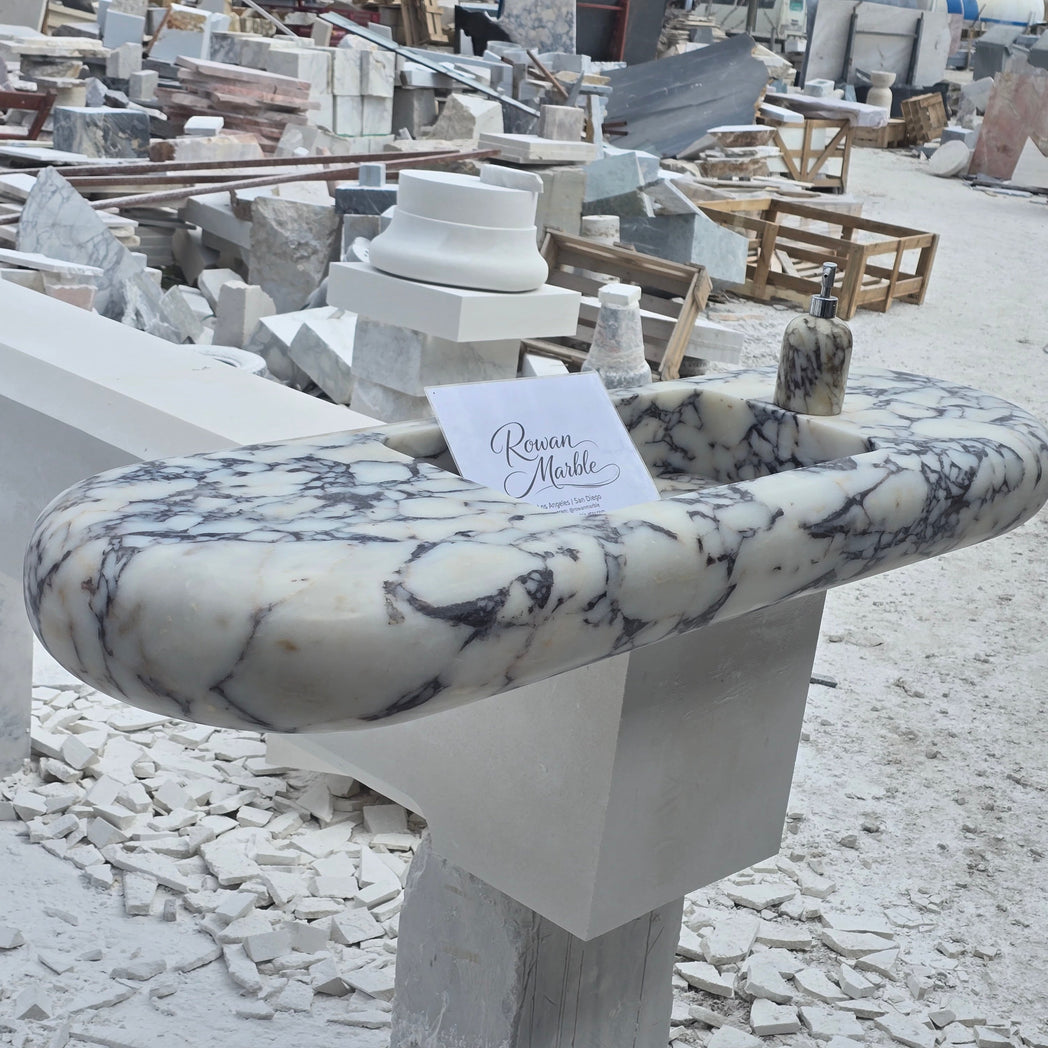 Large Hand-Carved Organic Marble Sink with Rounded Edges 60’’ – Floating Luxury Vanity