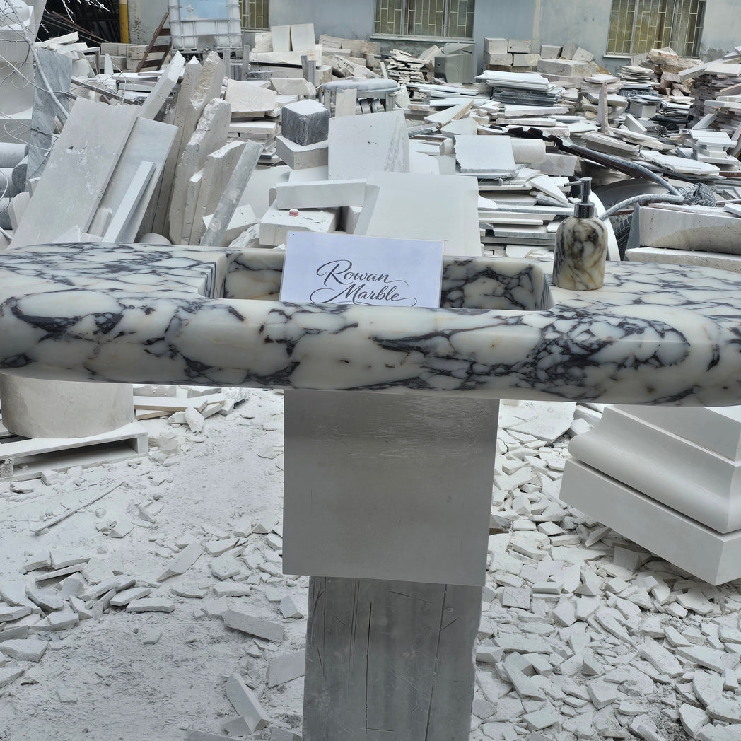 Large Hand-Carved Organic Marble Sink with Rounded Edges 60’’ – Floating Luxury Vanity
