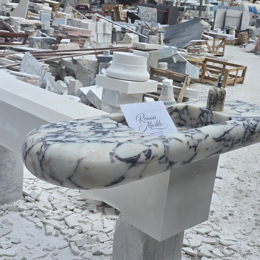 Large Hand-Carved Organic Marble Sink with Rounded Edges 60’’ – Floating Luxury Vanity
