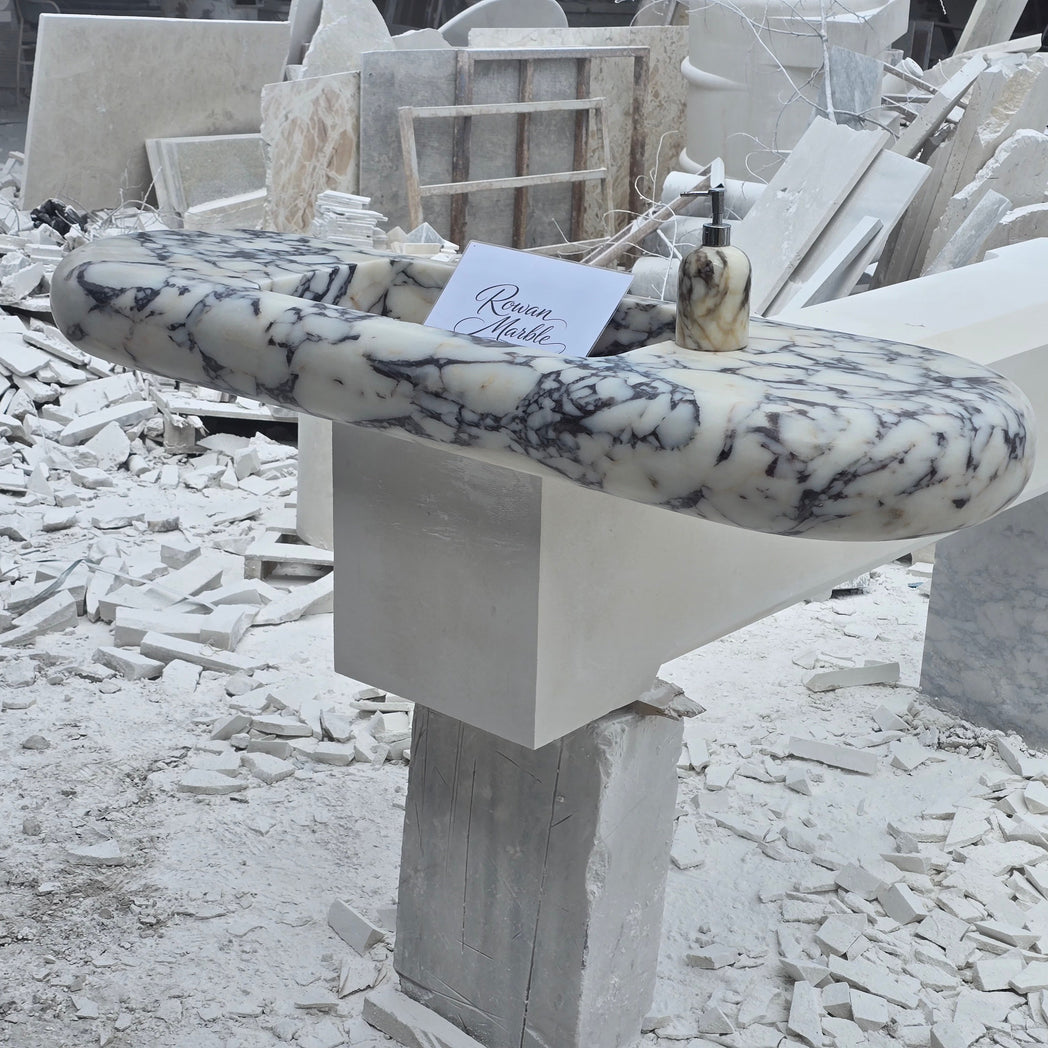 Large Hand-Carved Organic Marble Sink with Rounded Edges 60’’ – Floating Luxury Vanity
