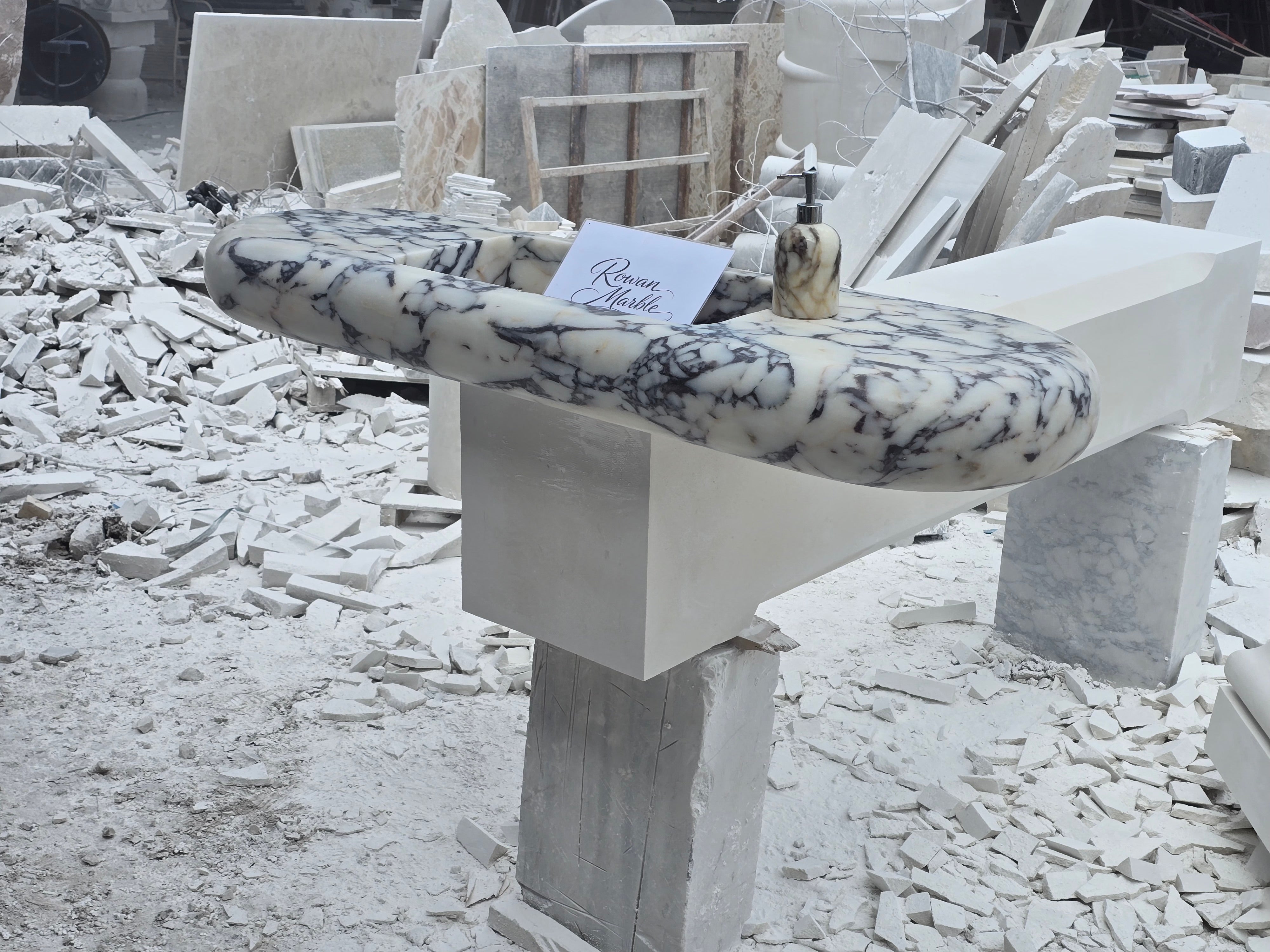 Large Hand-Carved Organic Marble Sink with Rounded Edges 60’’ – Floating Luxury Vanity